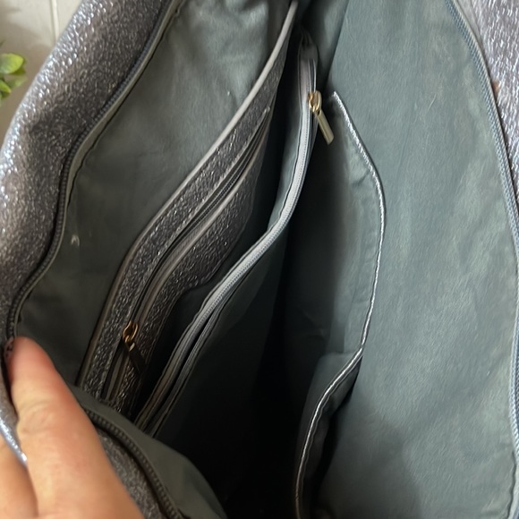 Metallic silver and multi color stud fold over backpack. Vegan leather. - Picture 4 of 5